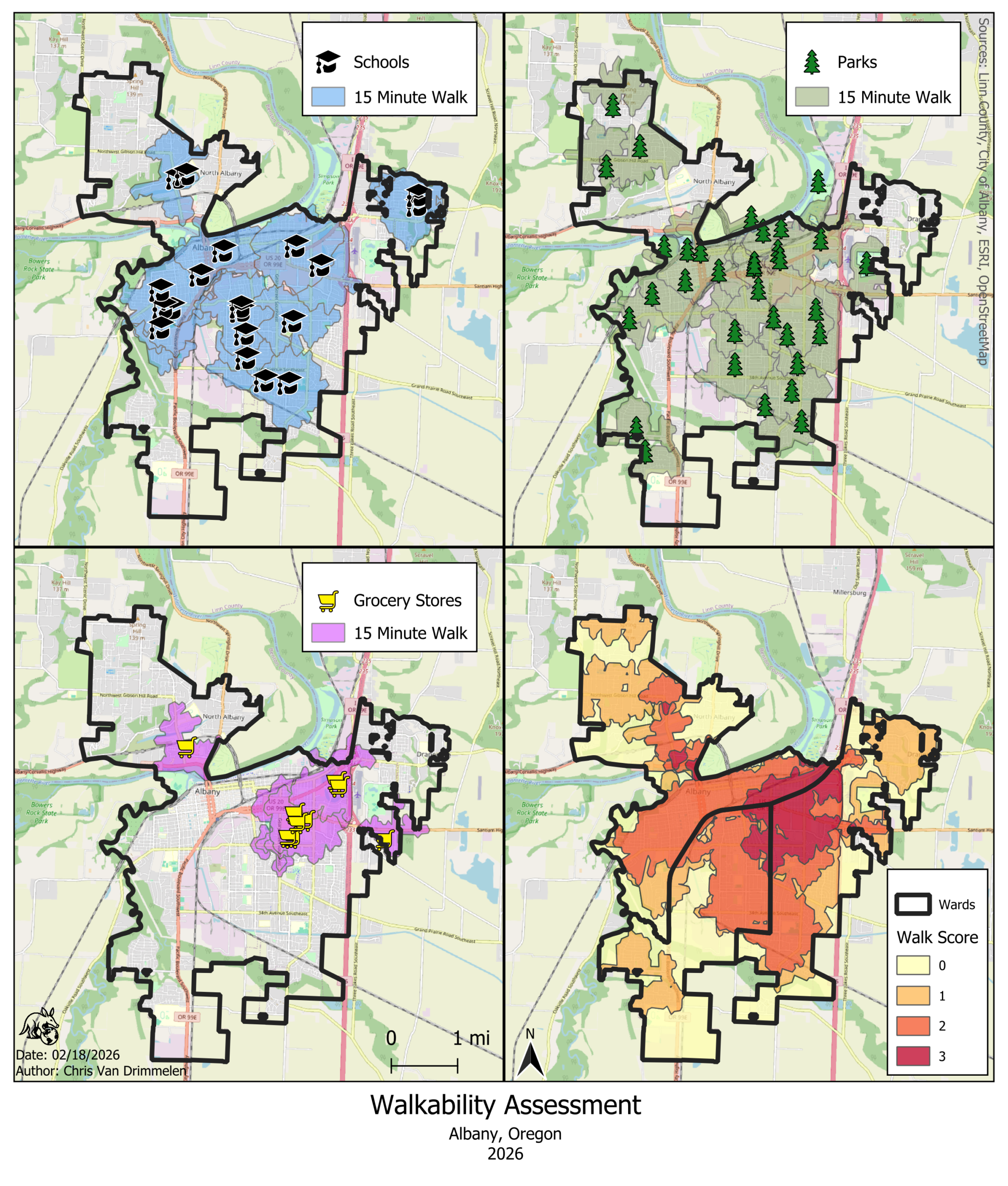 A walkability assessment of Albany, OR based on a 15 minute walking distance to schools, parks, and grocery stores.